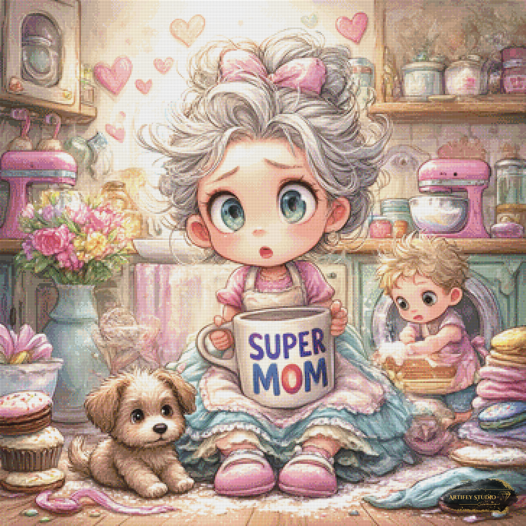 Supermamá en el caos de la cocina de Lexxa 90x90 con 200 colores
