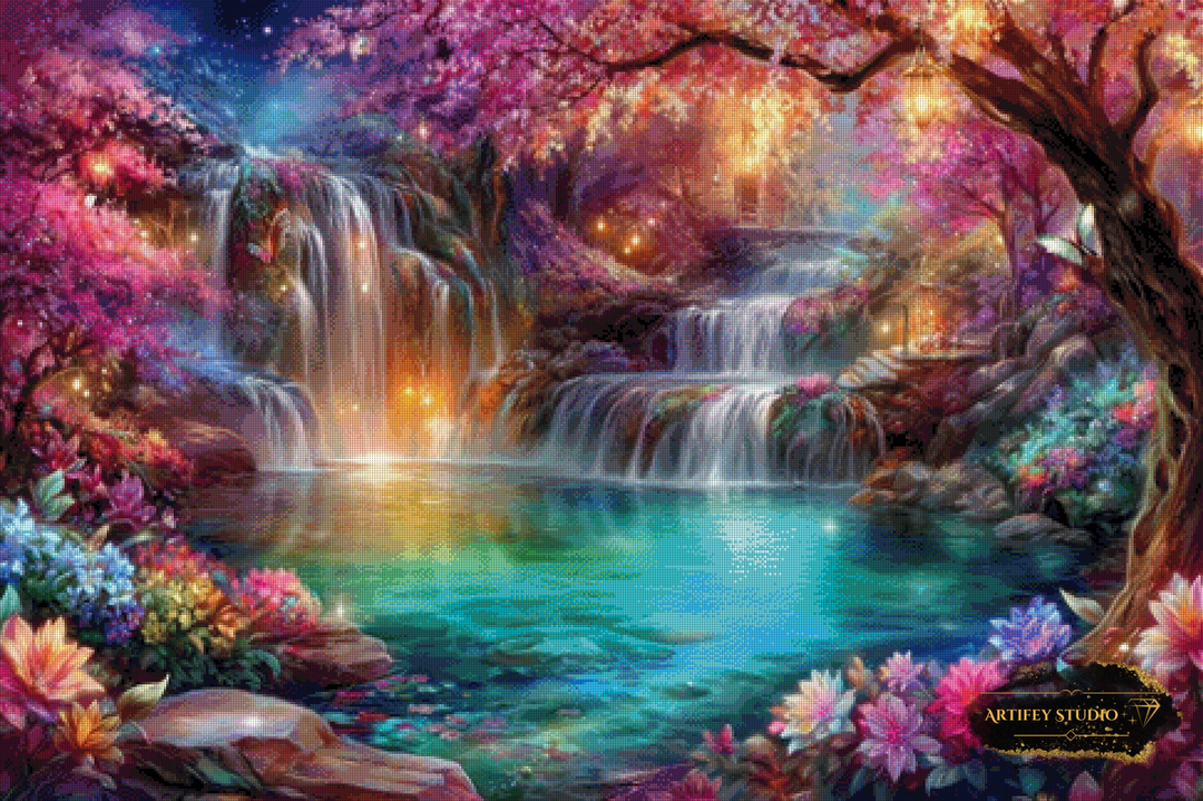 Magical night at waterfalls by Artifey 120x80 mit 370 Farben - Artifey Studio